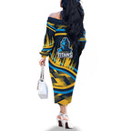 Titans Rugby Mascot Family Matching Off The Shoulder Long Sleeve Dress and Hawaiian Shirt Fierce Athlete Graphic in Sports Style