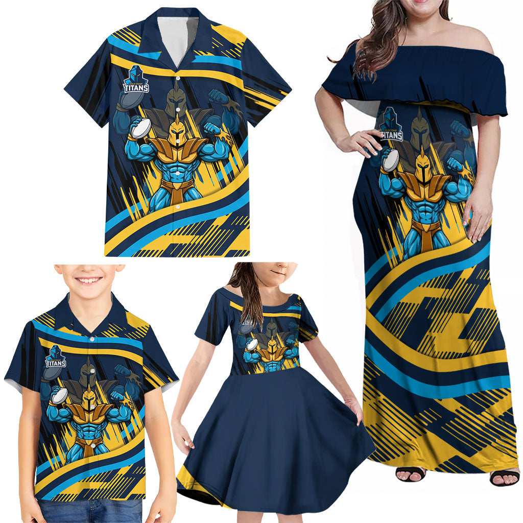 Titans Rugby Mascot Family Matching Off Shoulder Maxi Dress and Hawaiian Shirt Fierce Athlete Graphic in Sports Style
