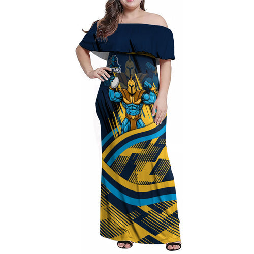 Titans Rugby Mascot Family Matching Off Shoulder Maxi Dress and Hawaiian Shirt Fierce Athlete Graphic in Sports Style