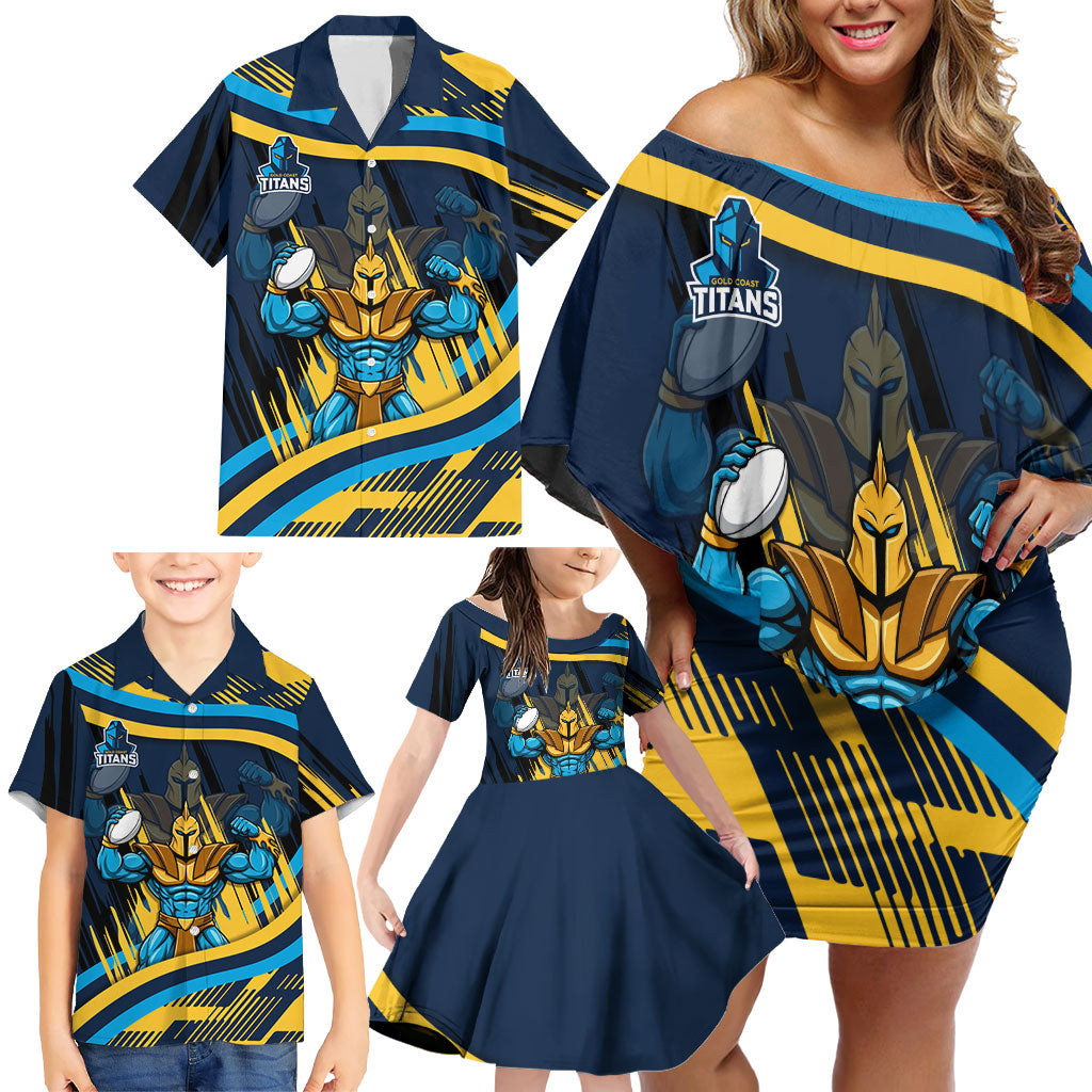 Titans Rugby Mascot Family Matching Off Shoulder Short Dress and Hawaiian Shirt Fierce Athlete Graphic in Sports Style