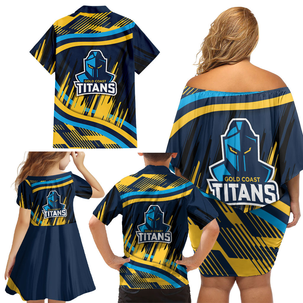 Titans Rugby Mascot Family Matching Off Shoulder Short Dress and Hawaiian Shirt Fierce Athlete Graphic in Sports Style