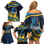 Titans Rugby Mascot Family Matching Off Shoulder Short Dress and Hawaiian Shirt Fierce Athlete Graphic in Sports Style