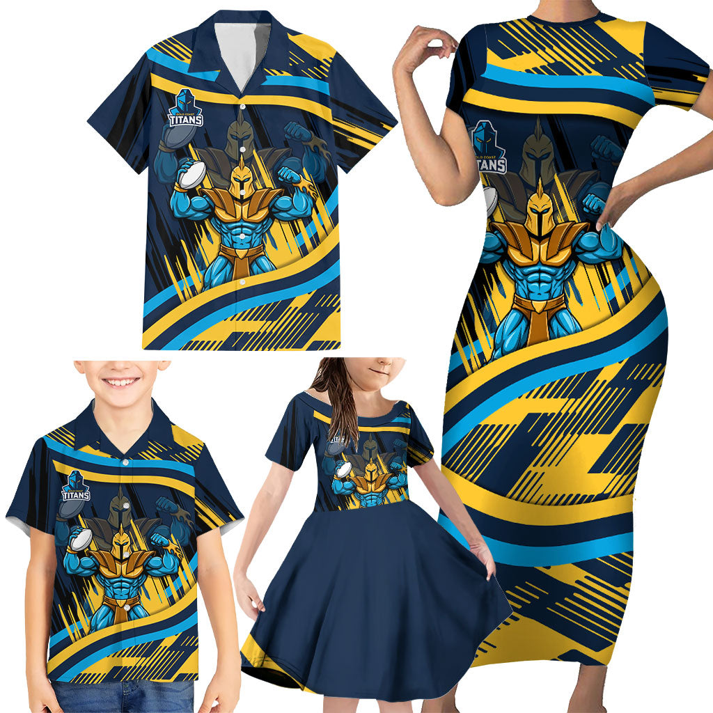 Titans Rugby Mascot Family Matching Short Sleeve Bodycon Dress and Hawaiian Shirt Fierce Athlete Graphic in Sports Style