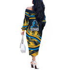 Titans Rugby Mascot Off The Shoulder Long Sleeve Dress Fierce Athlete Graphic in Sports Style