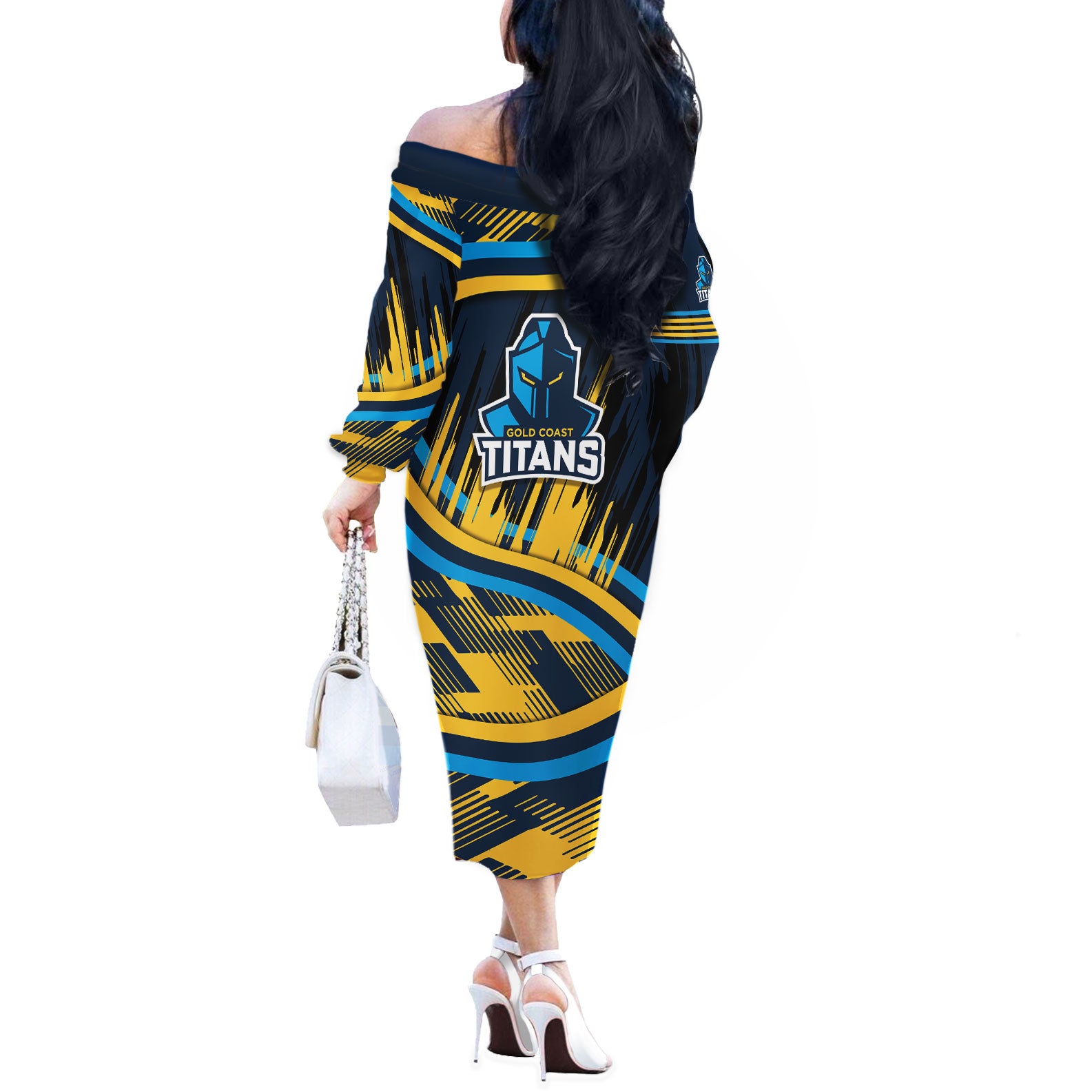 Titans Rugby Mascot Off The Shoulder Long Sleeve Dress Fierce Athlete Graphic in Sports Style