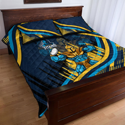 Titans Rugby Mascot Quilt Bed Set Fierce Athlete Graphic in Sports Style