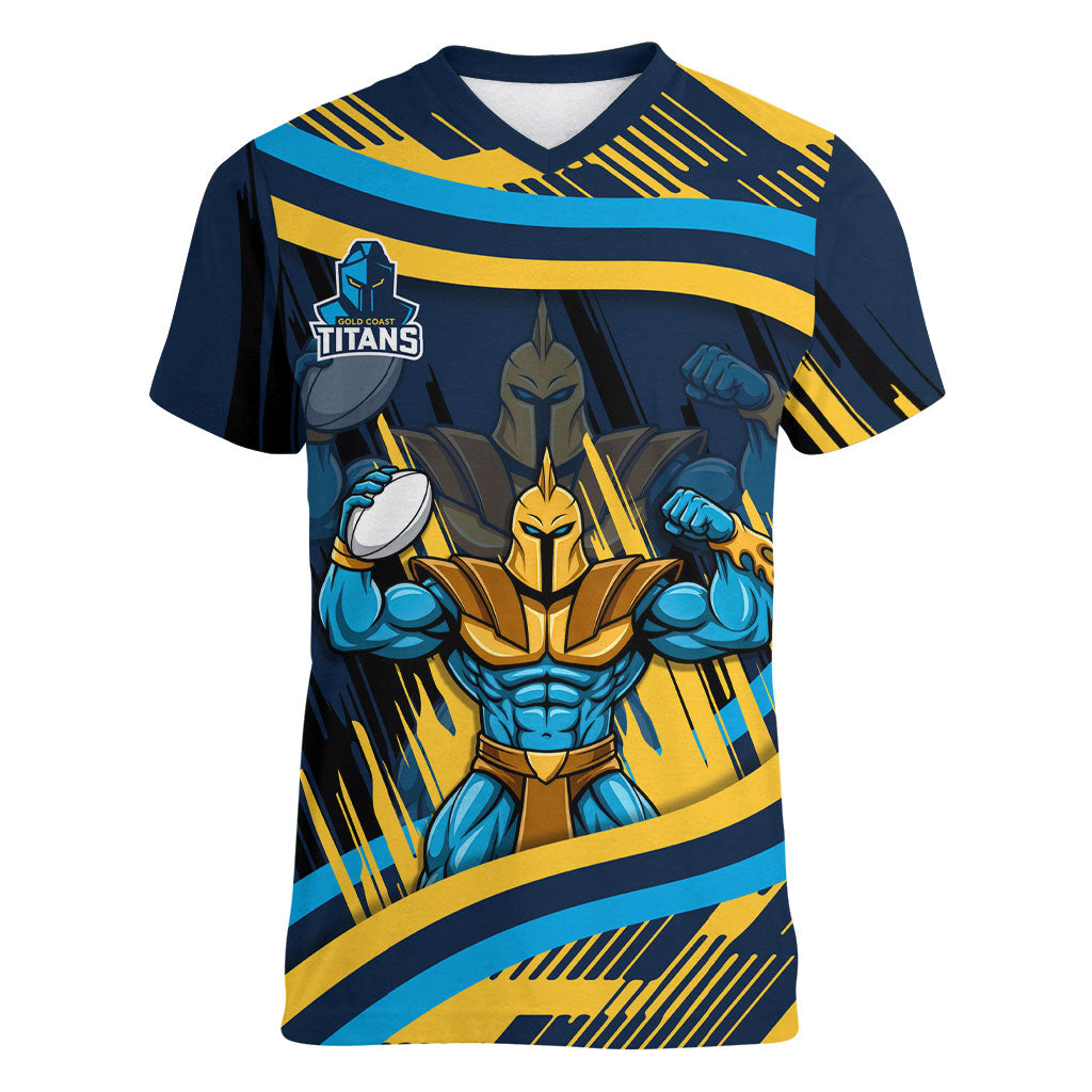 Titans Rugby Mascot Women V-Neck T-Shirt Fierce Athlete Graphic in Sports Style