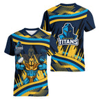 Titans Rugby Mascot Women V-Neck T-Shirt Fierce Athlete Graphic in Sports Style
