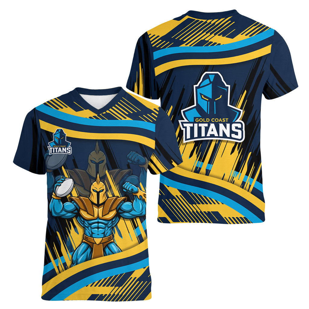 Titans Rugby Mascot Women V-Neck T-Shirt Fierce Athlete Graphic in Sports Style