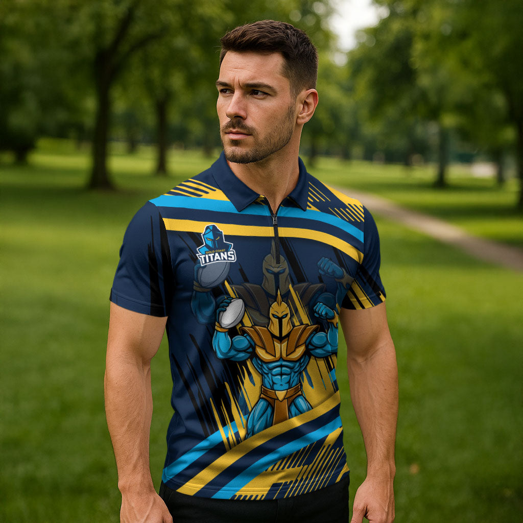 Titans Rugby Mascot Zipper Polo Shirt Fierce Athlete Graphic in Sports Style