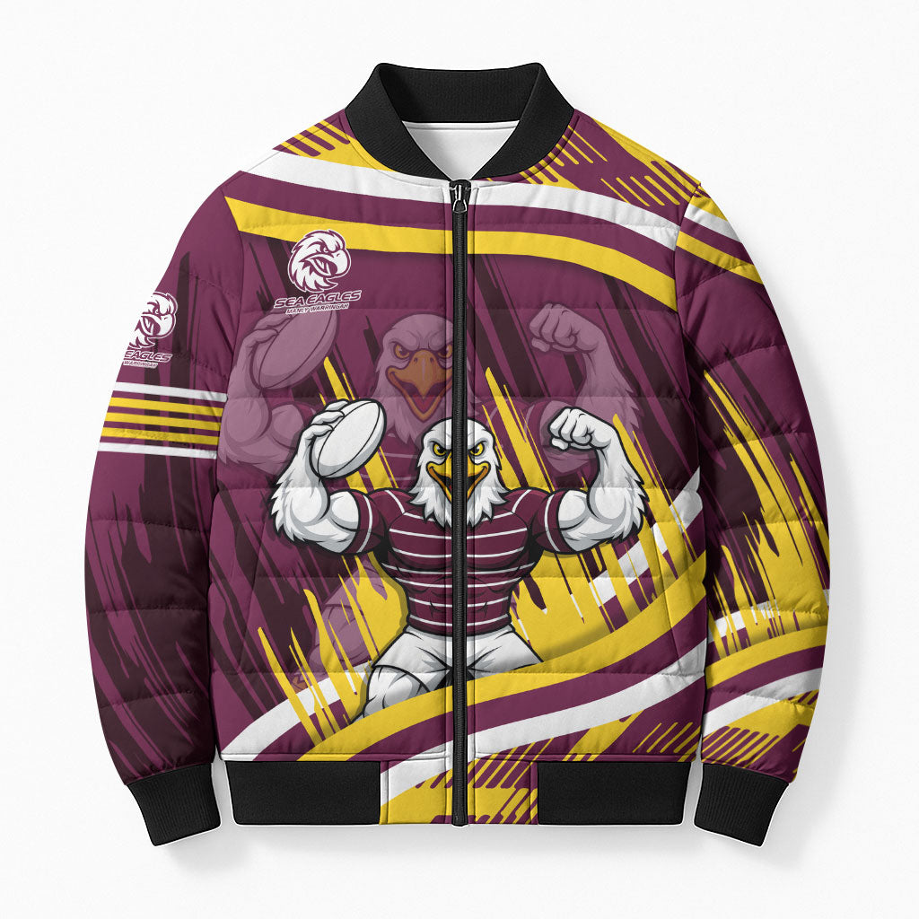 Sea Eagles Rugby Mascot Bomber Puffer Jacket Fierce Athlete Graphic in Sports Style