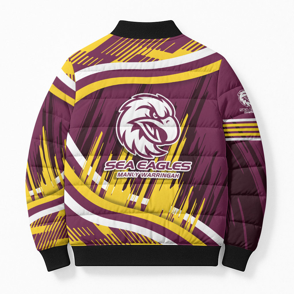 Sea Eagles Rugby Mascot Bomber Puffer Jacket Fierce Athlete Graphic in Sports Style