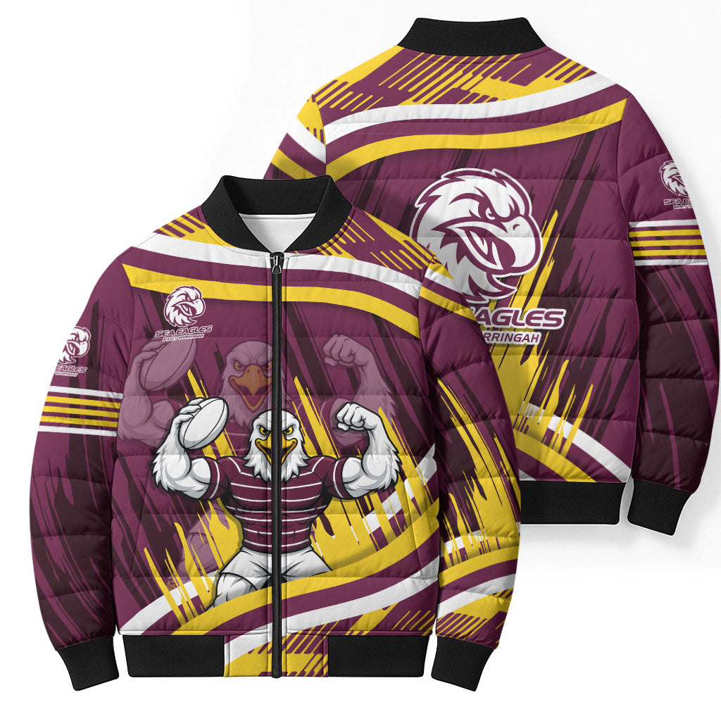 Sea Eagles Rugby Mascot Bomber Puffer Jacket Fierce Athlete Graphic in Sports Style