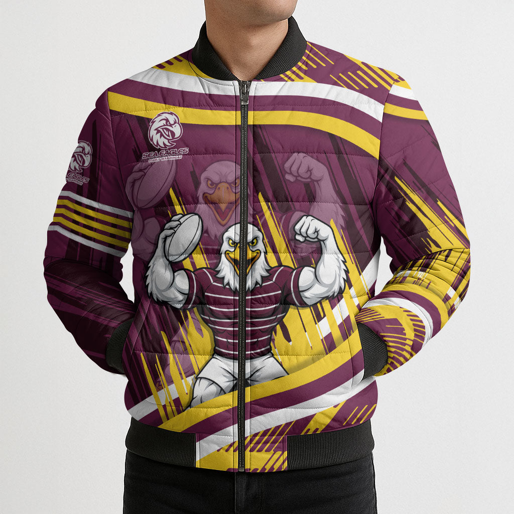 Sea Eagles Rugby Mascot Bomber Puffer Jacket Fierce Athlete Graphic in Sports Style