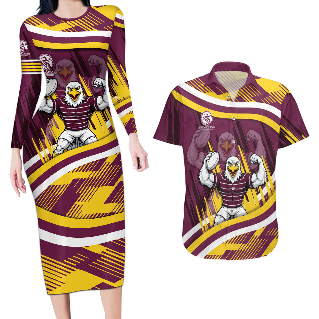 Sea Eagles Rugby Mascot Couples Matching Long Sleeve Bodycon Dress and Hawaiian Shirt Fierce Athlete Graphic in Sports Style