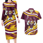 Sea Eagles Rugby Mascot Couples Matching Long Sleeve Bodycon Dress and Hawaiian Shirt Fierce Athlete Graphic in Sports Style