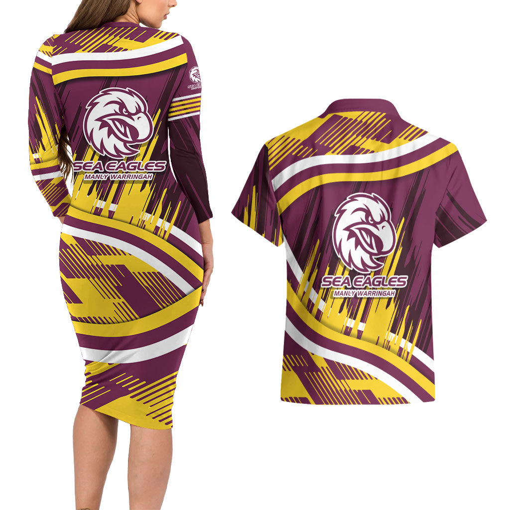 Sea Eagles Rugby Mascot Couples Matching Long Sleeve Bodycon Dress and Hawaiian Shirt Fierce Athlete Graphic in Sports Style