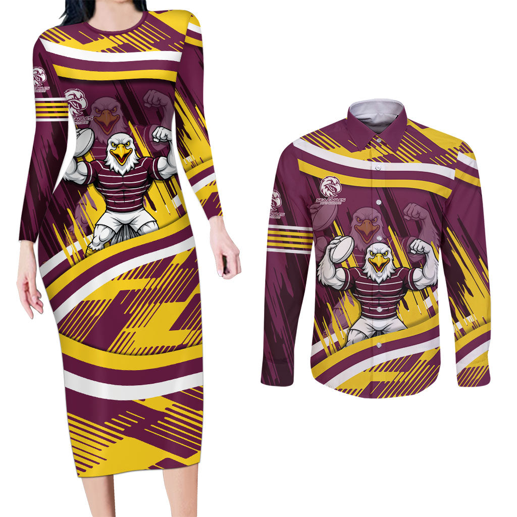 Sea Eagles Rugby Mascot Couples Matching Long Sleeve Bodycon Dress and Long Sleeve Button Shirt Fierce Athlete Graphic in Sports Style