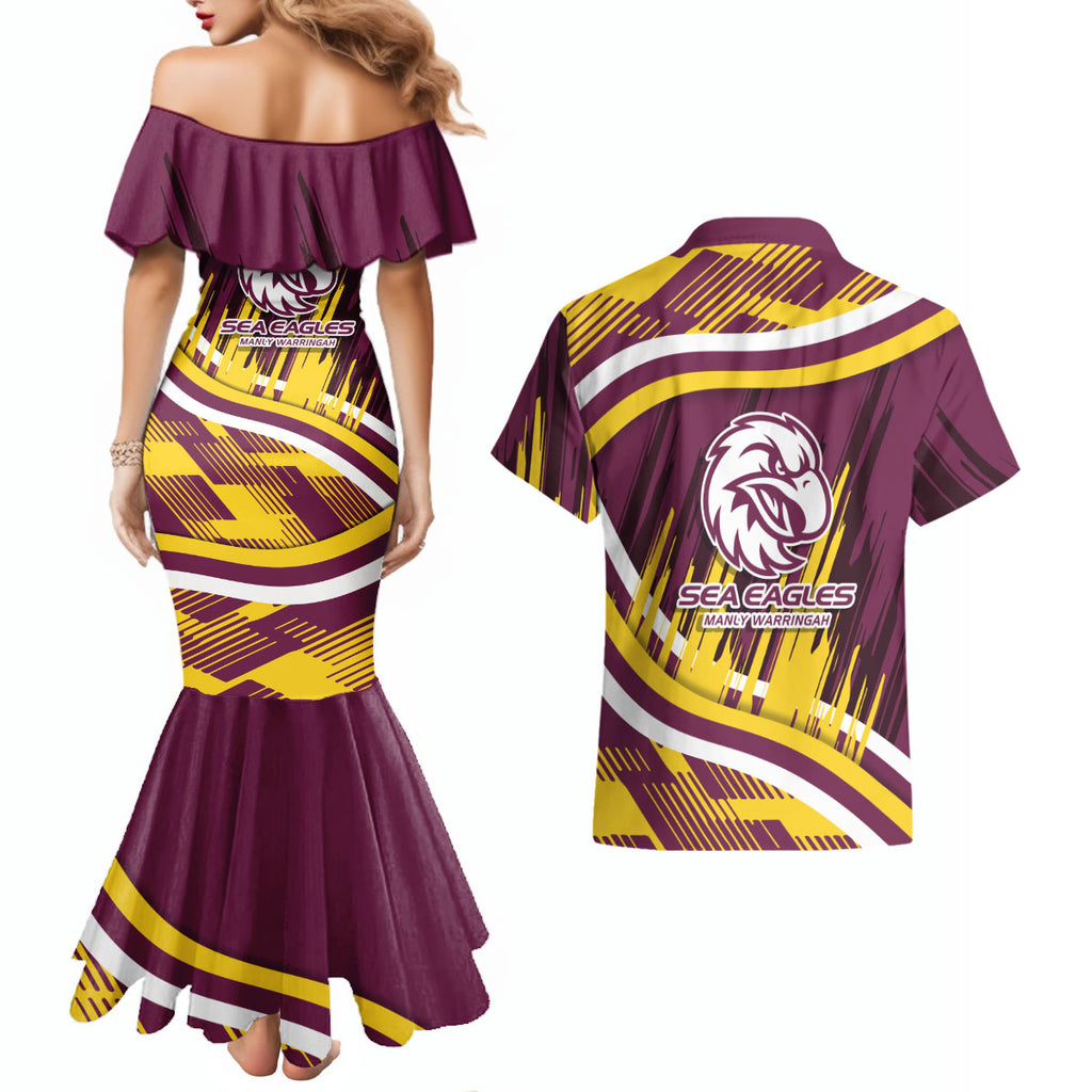 Sea Eagles Rugby Mascot Couples Matching Mermaid Dress and Hawaiian Shirt Fierce Athlete Graphic in Sports Style