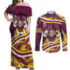 Sea Eagles Rugby Mascot Couples Matching Off Shoulder Maxi Dress and Long Sleeve Button Shirt Fierce Athlete Graphic in Sports Style