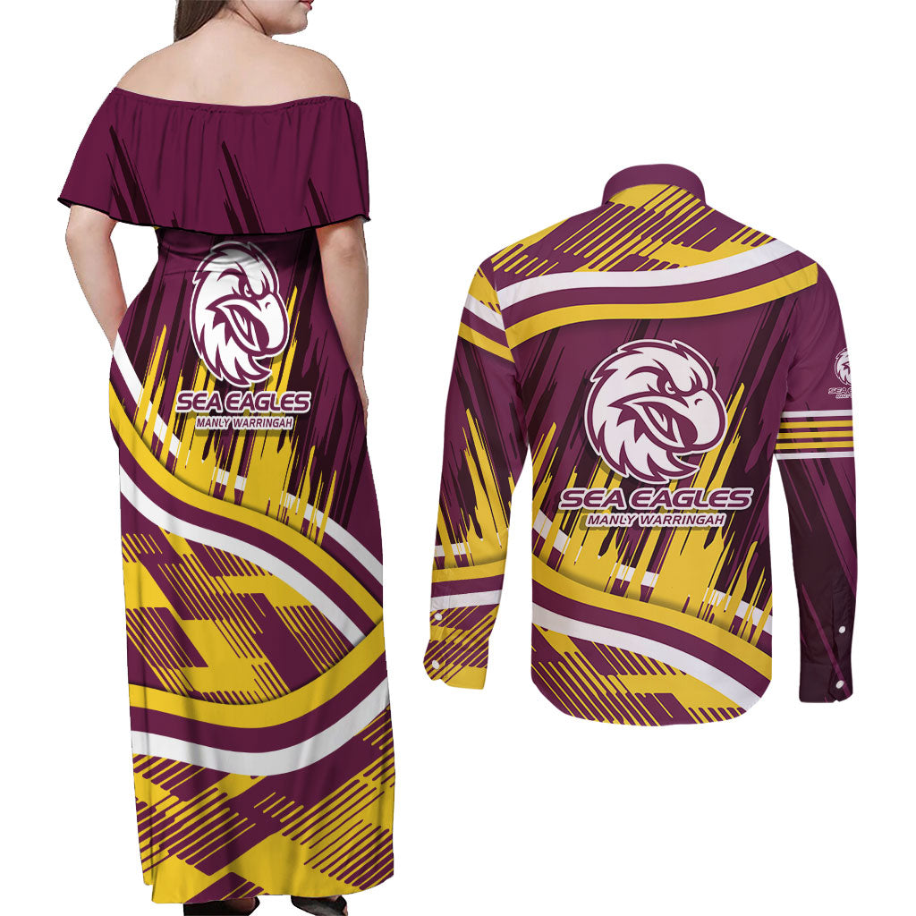 Sea Eagles Rugby Mascot Couples Matching Off Shoulder Maxi Dress and Long Sleeve Button Shirt Fierce Athlete Graphic in Sports Style