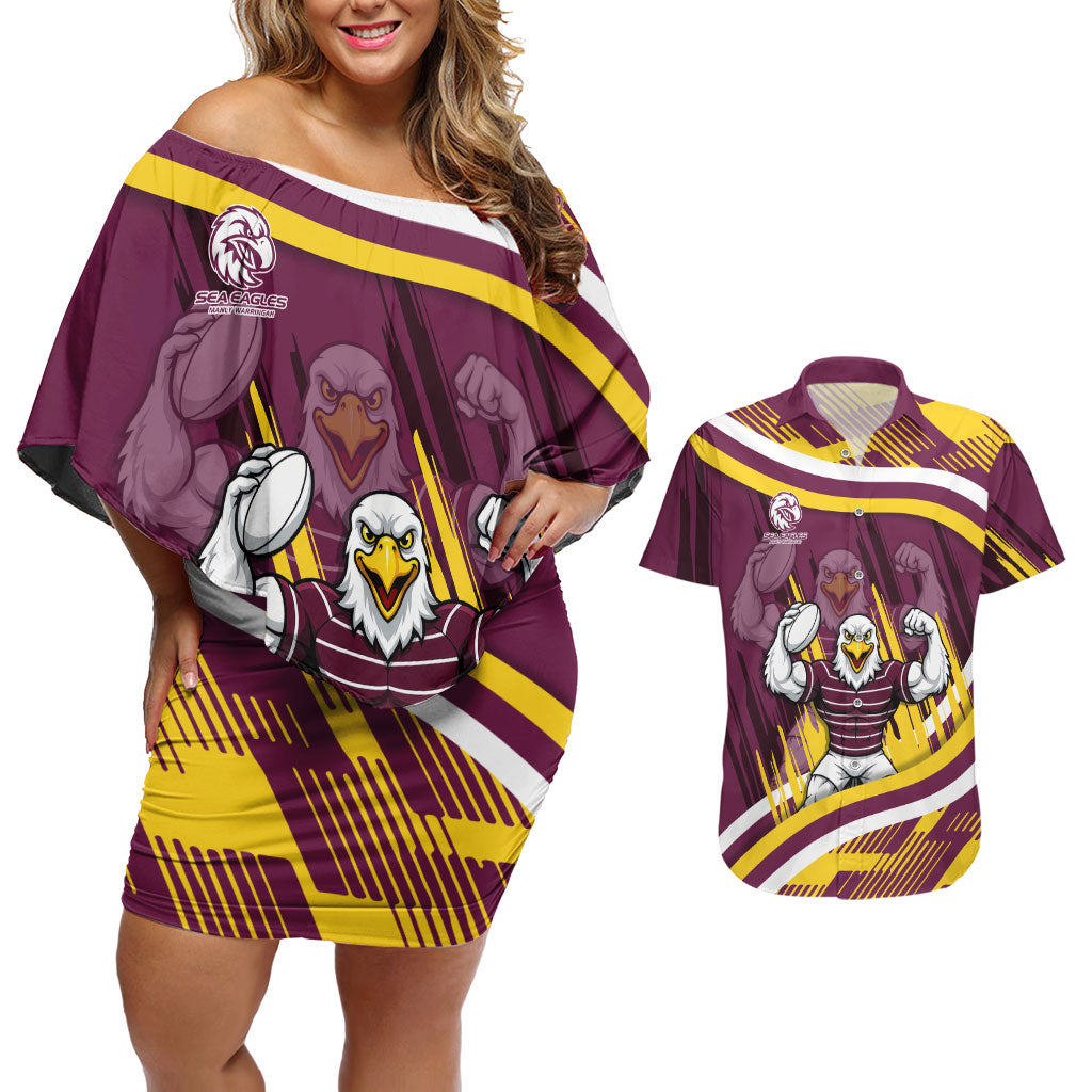 Sea Eagles Rugby Mascot Couples Matching Off Shoulder Short Dress and Hawaiian Shirt Fierce Athlete Graphic in Sports Style