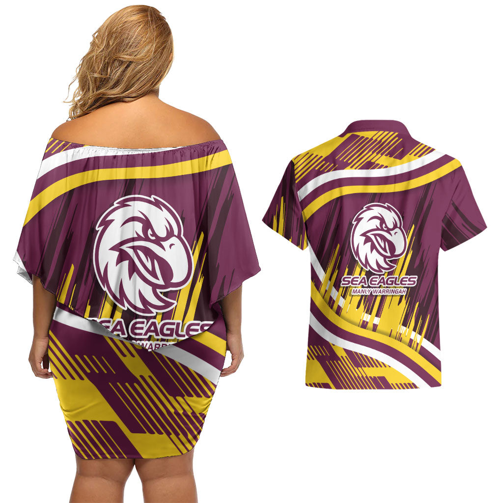Sea Eagles Rugby Mascot Couples Matching Off Shoulder Short Dress and Hawaiian Shirt Fierce Athlete Graphic in Sports Style
