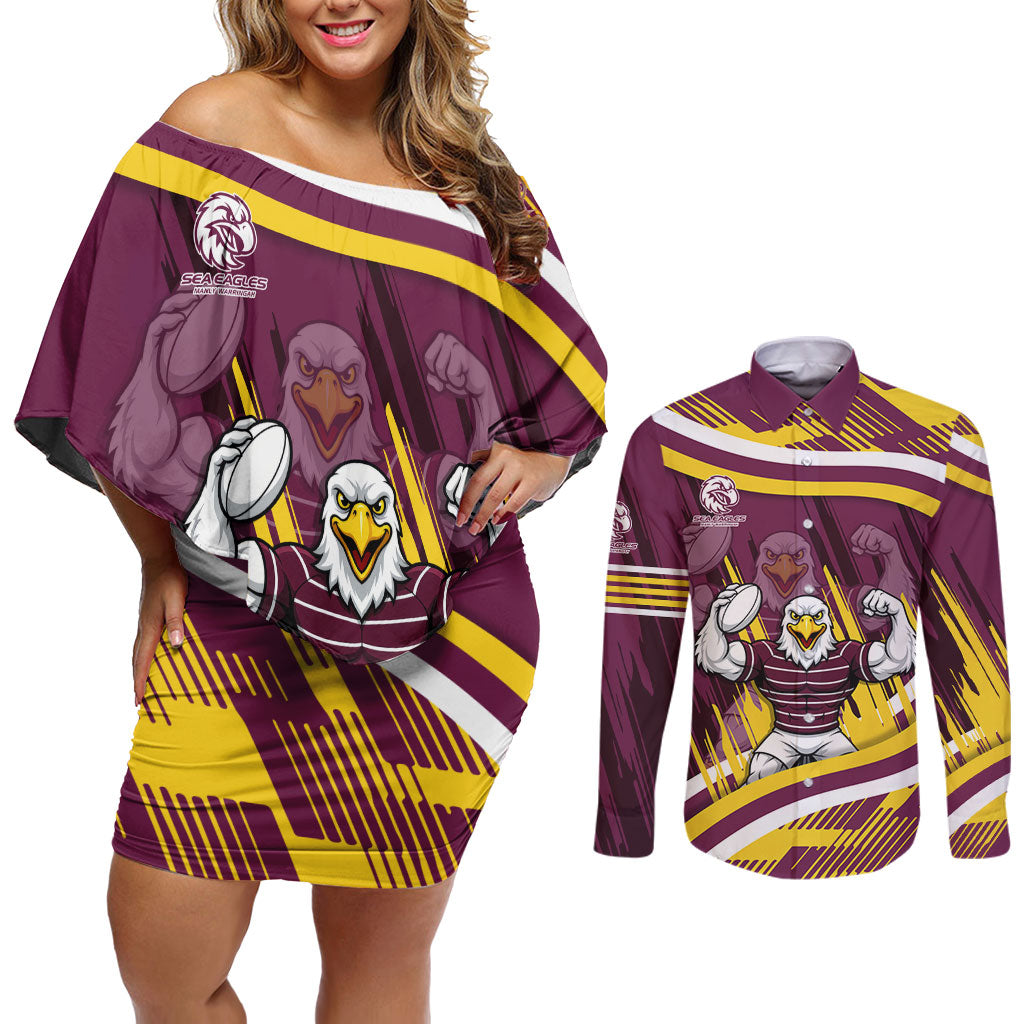 Sea Eagles Rugby Mascot Couples Matching Off Shoulder Short Dress and Long Sleeve Button Shirt Fierce Athlete Graphic in Sports Style
