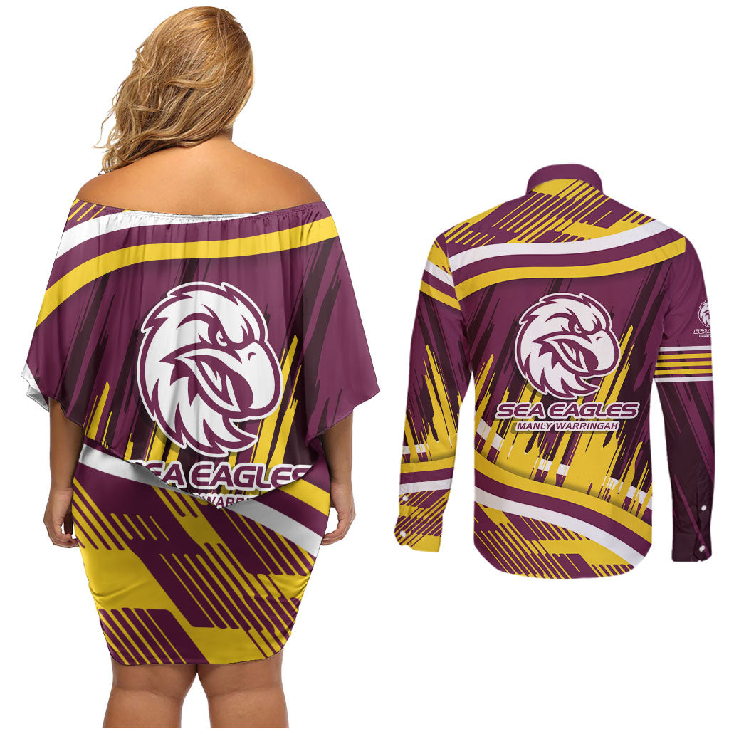 Sea Eagles Rugby Mascot Couples Matching Off Shoulder Short Dress and Long Sleeve Button Shirt Fierce Athlete Graphic in Sports Style