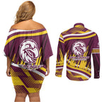 Sea Eagles Rugby Mascot Couples Matching Off Shoulder Short Dress and Long Sleeve Button Shirt Fierce Athlete Graphic in Sports Style