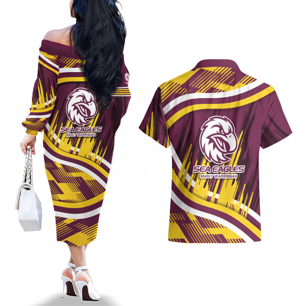 Sea Eagles Rugby Mascot Couples Matching Off The Shoulder Long Sleeve Dress and Hawaiian Shirt Fierce Athlete Graphic in Sports Style