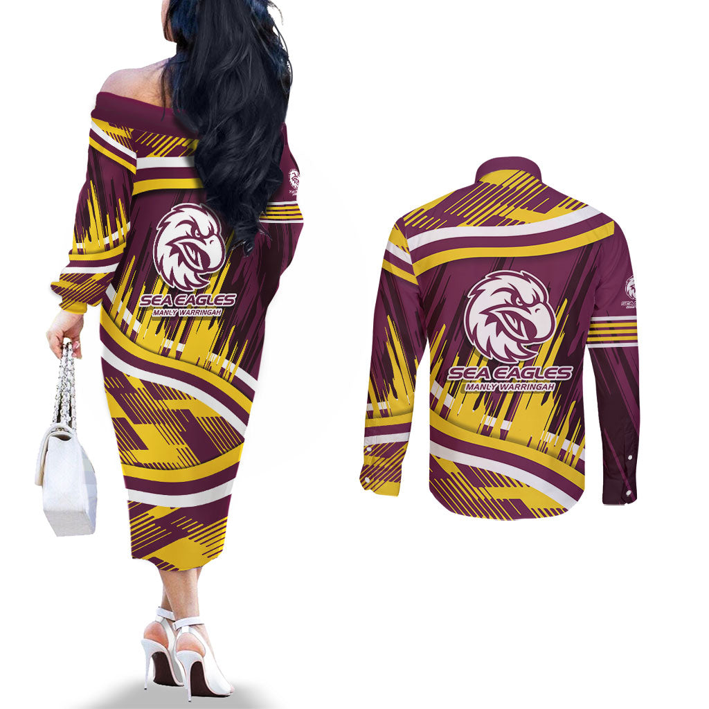 Sea Eagles Rugby Mascot Couples Matching Off The Shoulder Long Sleeve Dress and Long Sleeve Button Shirt Fierce Athlete Graphic in Sports Style
