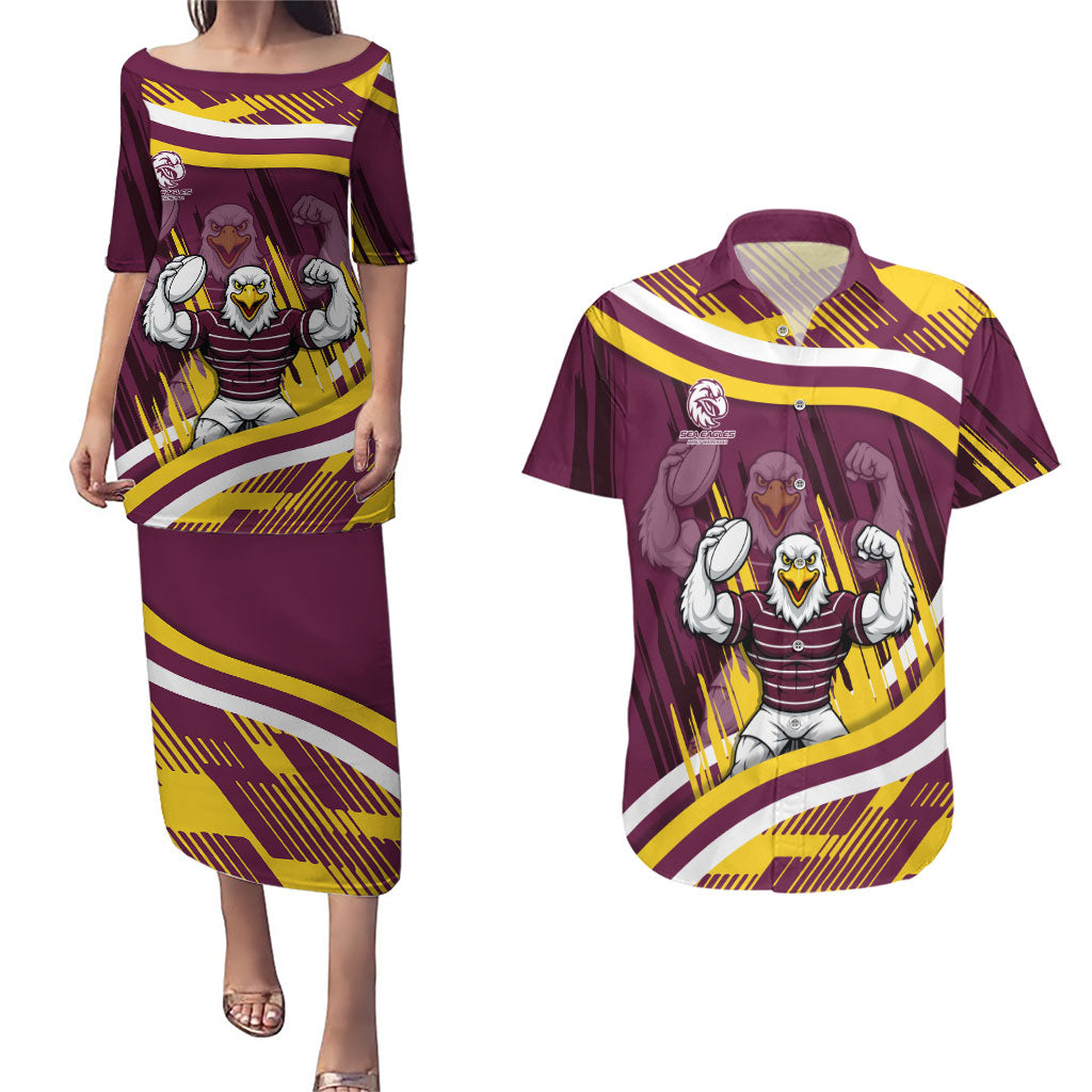 Sea Eagles Rugby Mascot Couples Matching Puletasi and Hawaiian Shirt Fierce Athlete Graphic in Sports Style