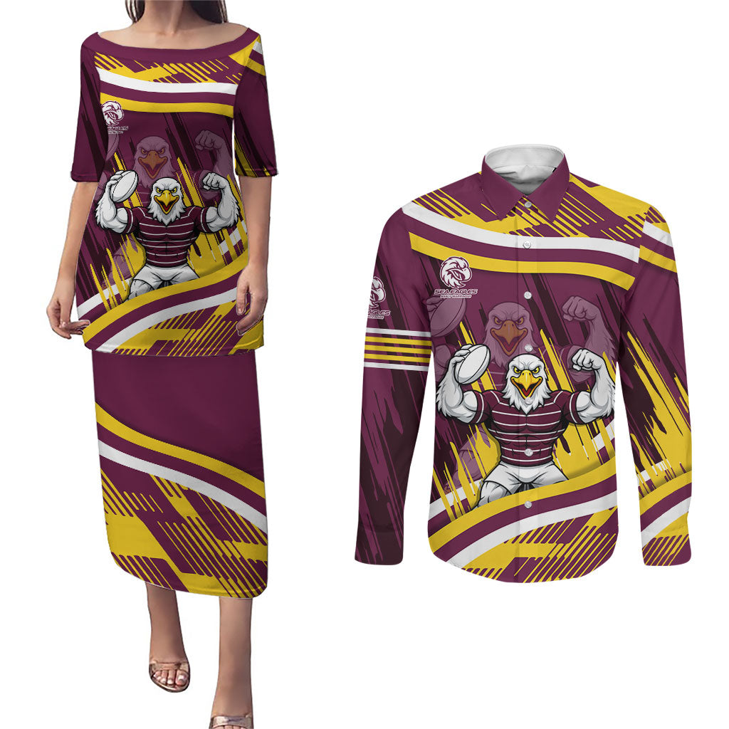 Sea Eagles Rugby Mascot Couples Matching Puletasi and Long Sleeve Button Shirt Fierce Athlete Graphic in Sports Style