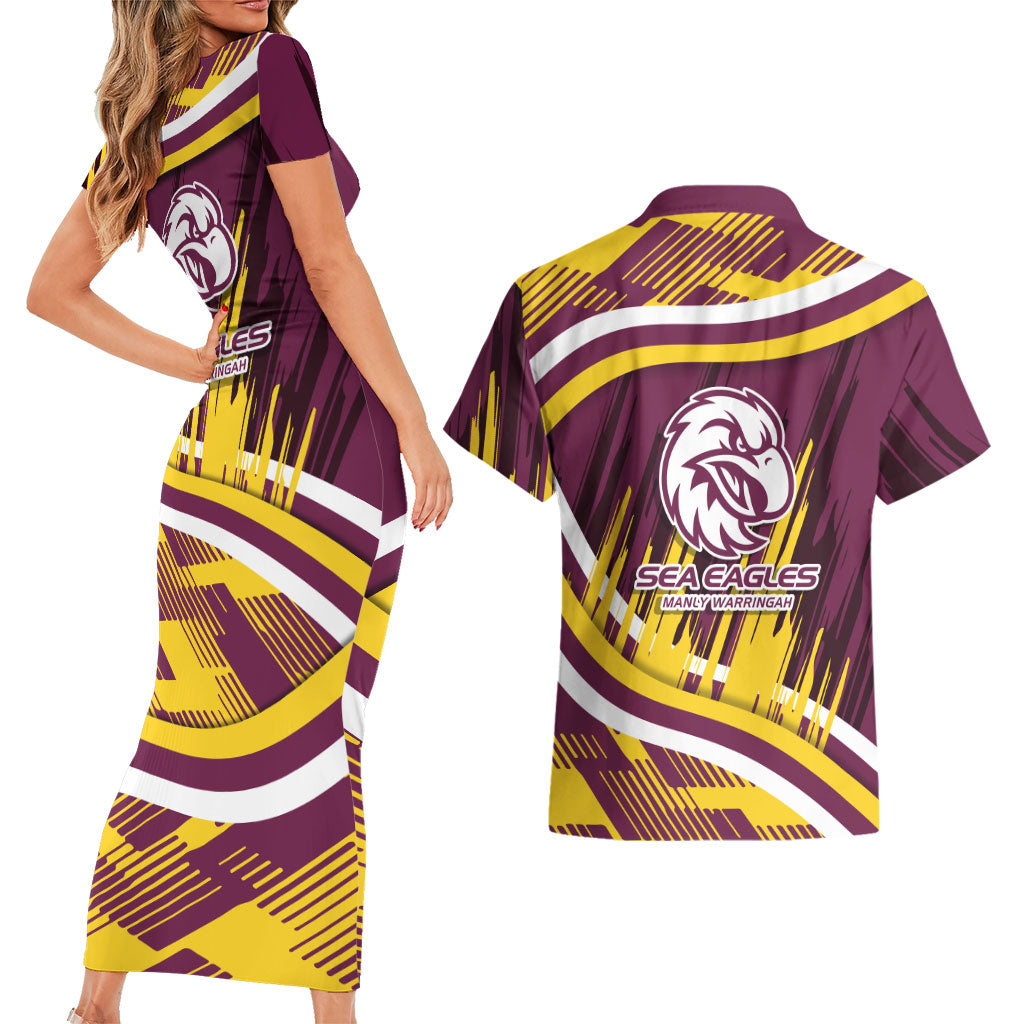 Sea Eagles Rugby Mascot Couples Matching Short Sleeve Bodycon Dress and Hawaiian Shirt Fierce Athlete Graphic in Sports Style