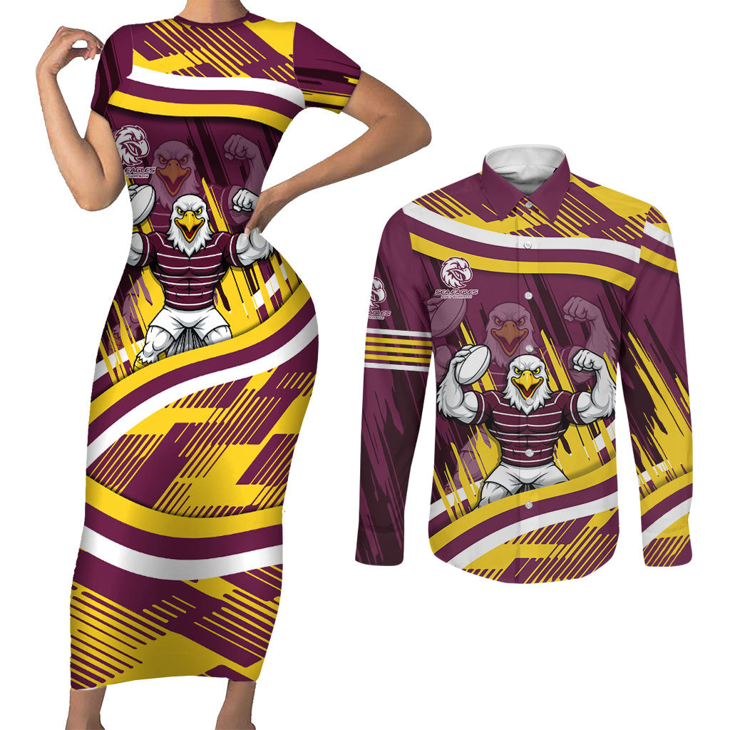 Sea Eagles Rugby Mascot Couples Matching Short Sleeve Bodycon Dress and Long Sleeve Button Shirt Fierce Athlete Graphic in Sports Style