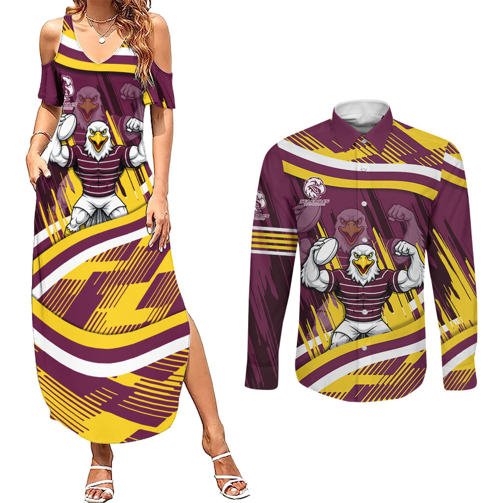 Sea Eagles Rugby Mascot Couples Matching Summer Maxi Dress and Long Sleeve Button Shirt Fierce Athlete Graphic in Sports Style