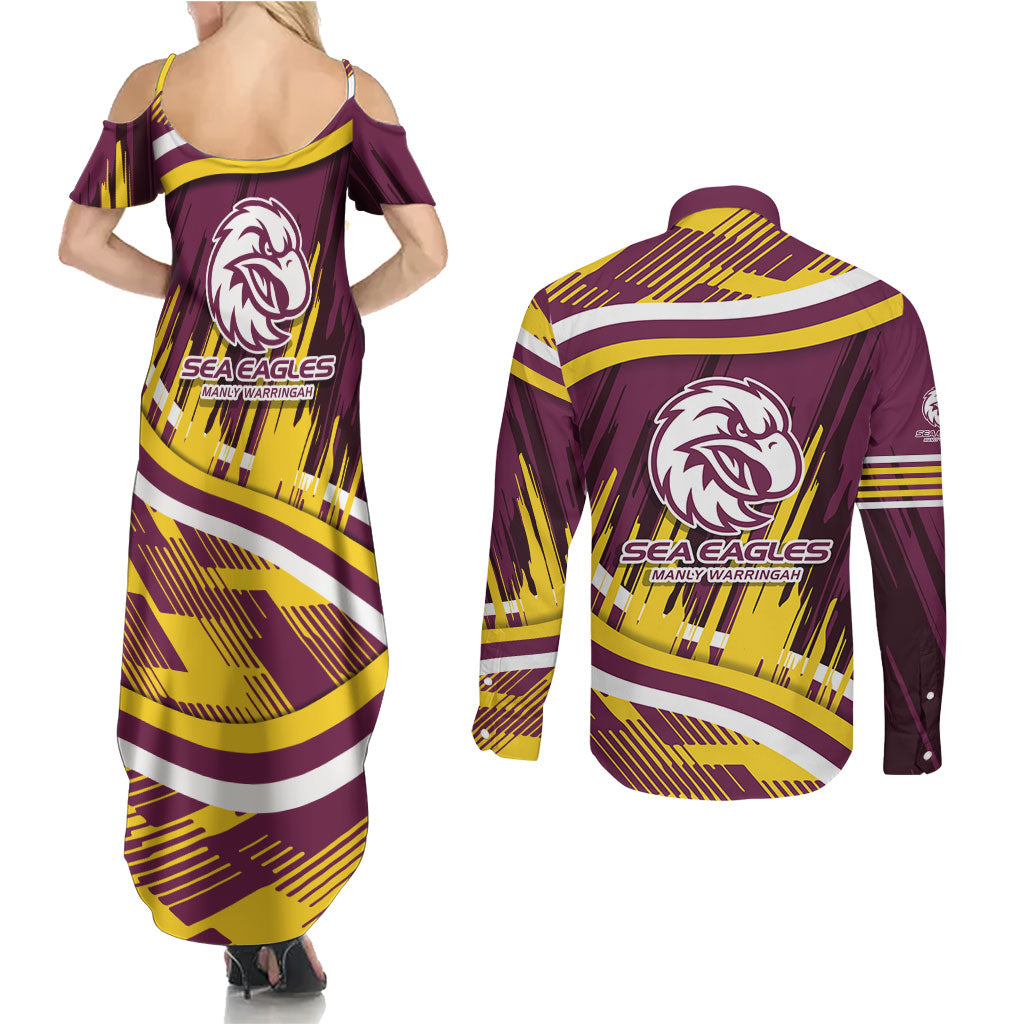 Sea Eagles Rugby Mascot Couples Matching Summer Maxi Dress and Long Sleeve Button Shirt Fierce Athlete Graphic in Sports Style