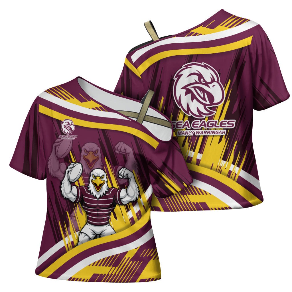 Sea Eagles Rugby Mascot Cross Shoulder Shirt Fierce Athlete Graphic in Sports Style