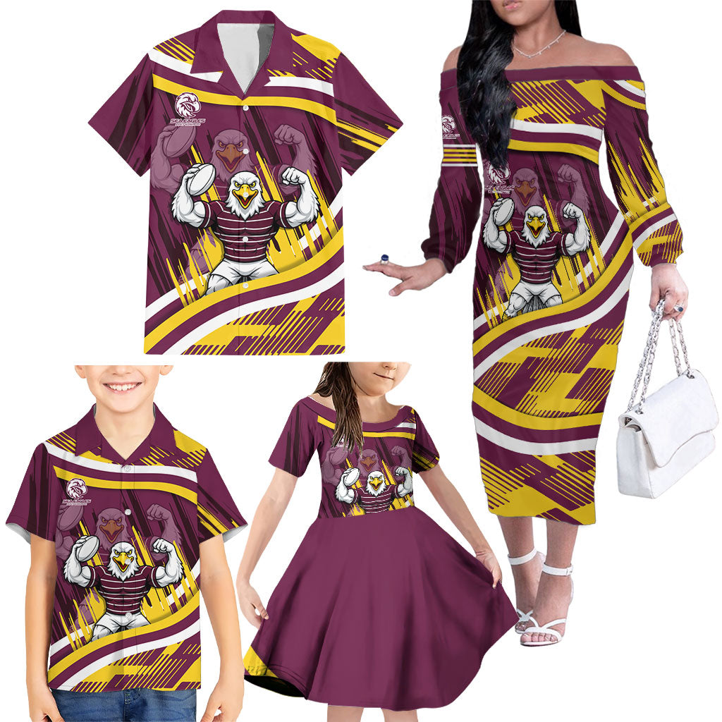 Sea Eagles Rugby Mascot Family Matching Off The Shoulder Long Sleeve Dress and Hawaiian Shirt Fierce Athlete Graphic in Sports Style