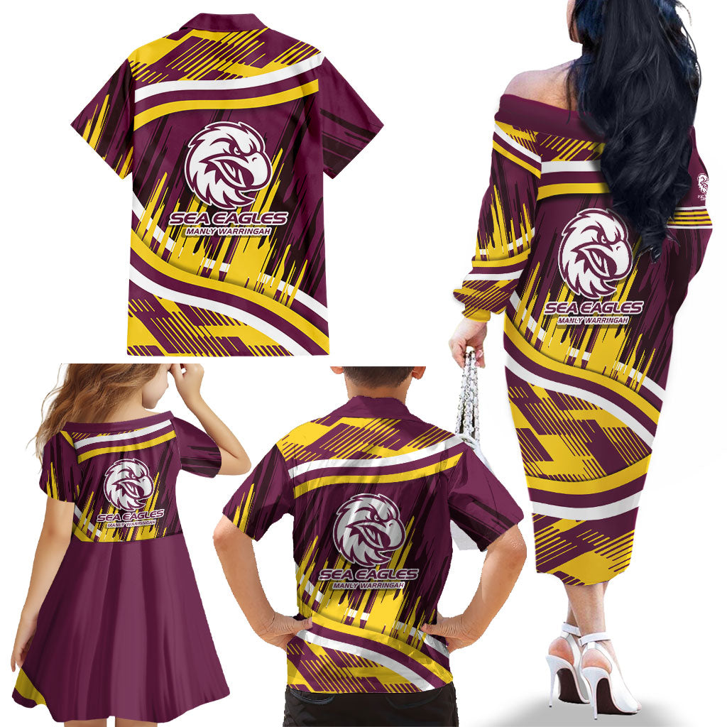 Sea Eagles Rugby Mascot Family Matching Off The Shoulder Long Sleeve Dress and Hawaiian Shirt Fierce Athlete Graphic in Sports Style