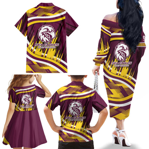 Sea Eagles Rugby Mascot Family Matching Off The Shoulder Long Sleeve Dress and Hawaiian Shirt Fierce Athlete Graphic in Sports Style