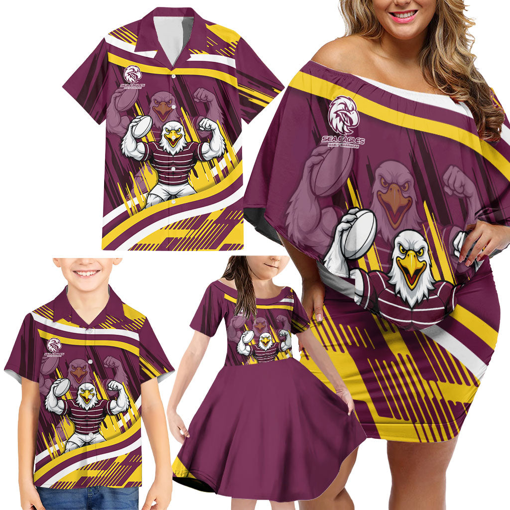 Sea Eagles Rugby Mascot Family Matching Off Shoulder Short Dress and Hawaiian Shirt Fierce Athlete Graphic in Sports Style