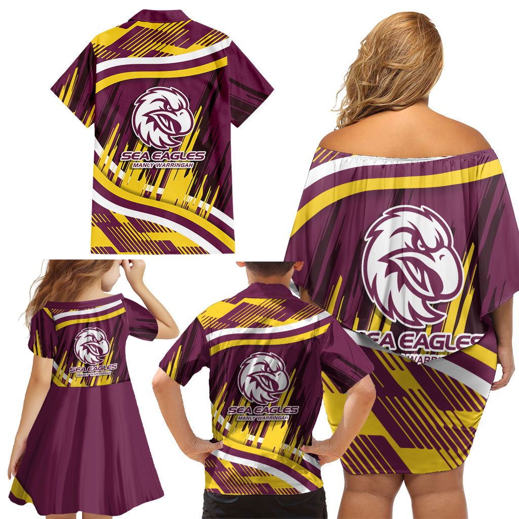 Sea Eagles Rugby Mascot Family Matching Off Shoulder Short Dress and Hawaiian Shirt Fierce Athlete Graphic in Sports Style