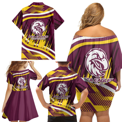 Sea Eagles Rugby Mascot Family Matching Off Shoulder Short Dress and Hawaiian Shirt Fierce Athlete Graphic in Sports Style
