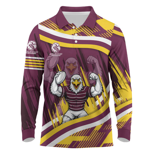 Sea Eagles Rugby Mascot Long Sleeve Polo Shirt Fierce Athlete Graphic in Sports Style
