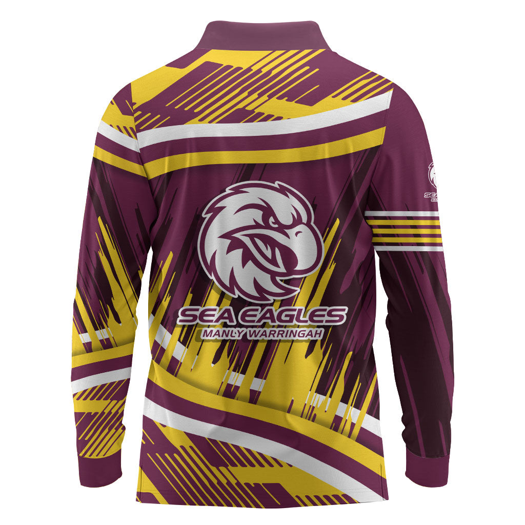 Sea Eagles Rugby Mascot Long Sleeve Polo Shirt Fierce Athlete Graphic in Sports Style
