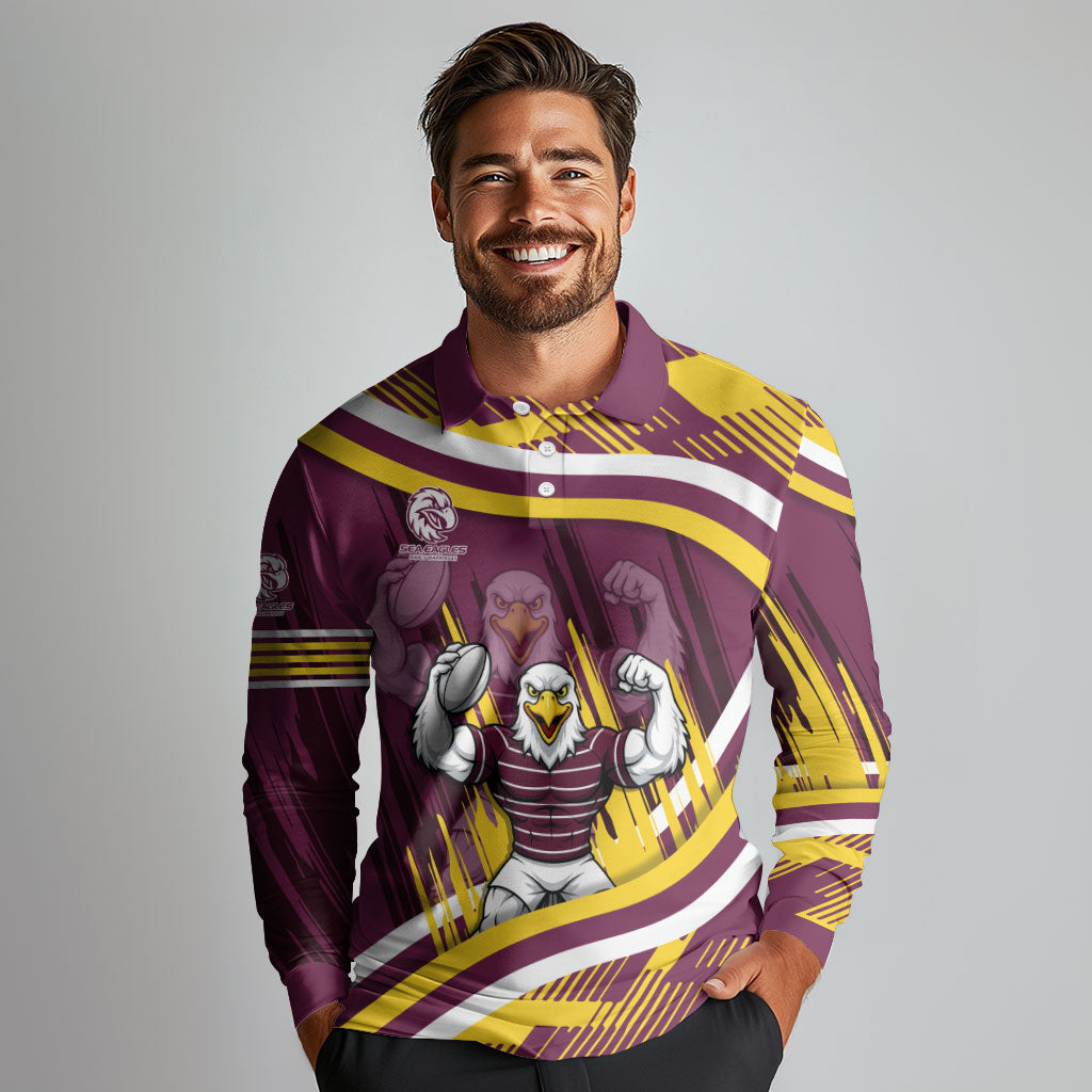 Sea Eagles Rugby Mascot Long Sleeve Polo Shirt Fierce Athlete Graphic in Sports Style