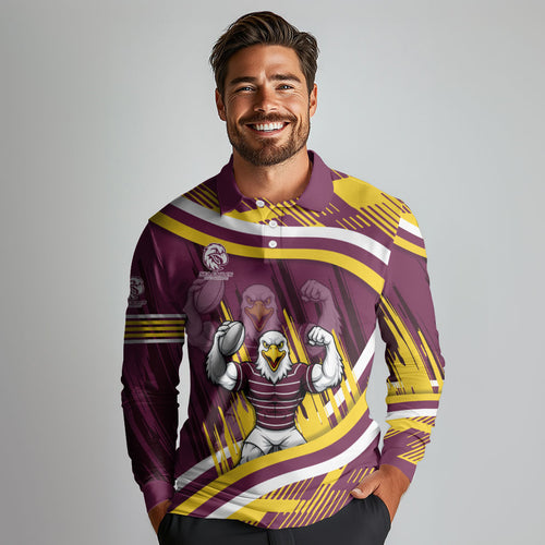 Sea Eagles Rugby Mascot Long Sleeve Polo Shirt Fierce Athlete Graphic in Sports Style