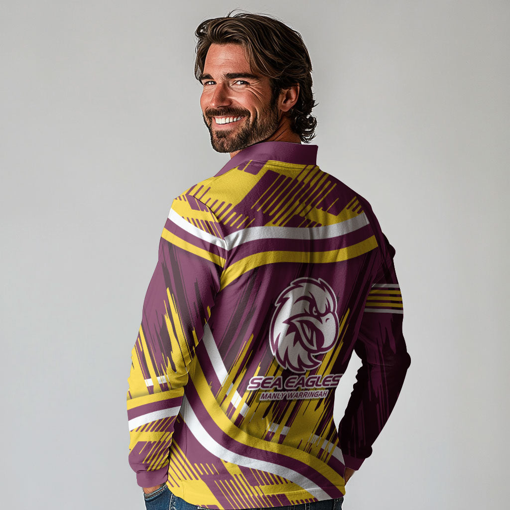 Sea Eagles Rugby Mascot Long Sleeve Polo Shirt Fierce Athlete Graphic in Sports Style